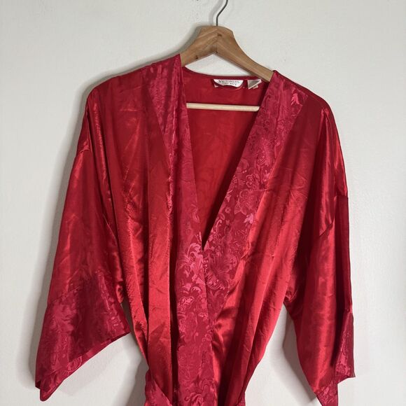 Victorias Secret Robe Womens One Size Red Satin Jacquard Floral Kimono Belted - Picture 2 of 10